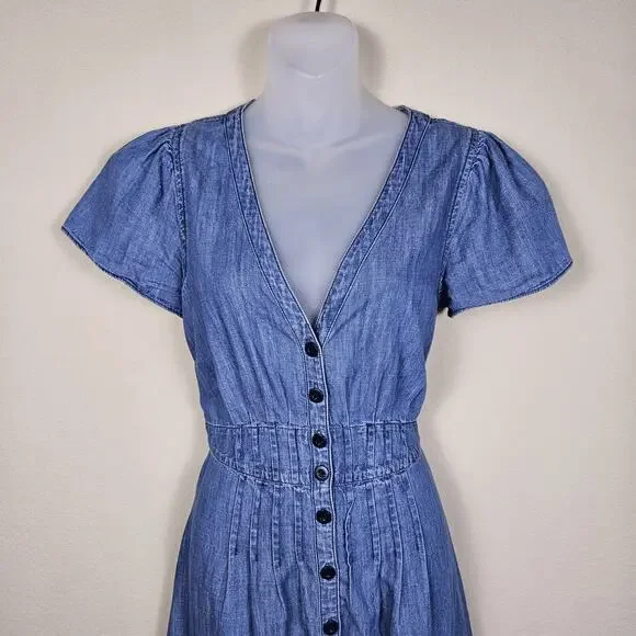 Madewell Midi Shirt Dress 6 Chambray Denim Pleated Cottage Blue Button Western - Picture 5 of 16